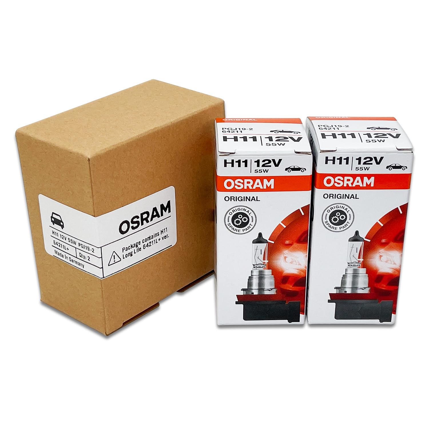 Made in Germany OSRAM H11 64211L+ badge signals premium quality.