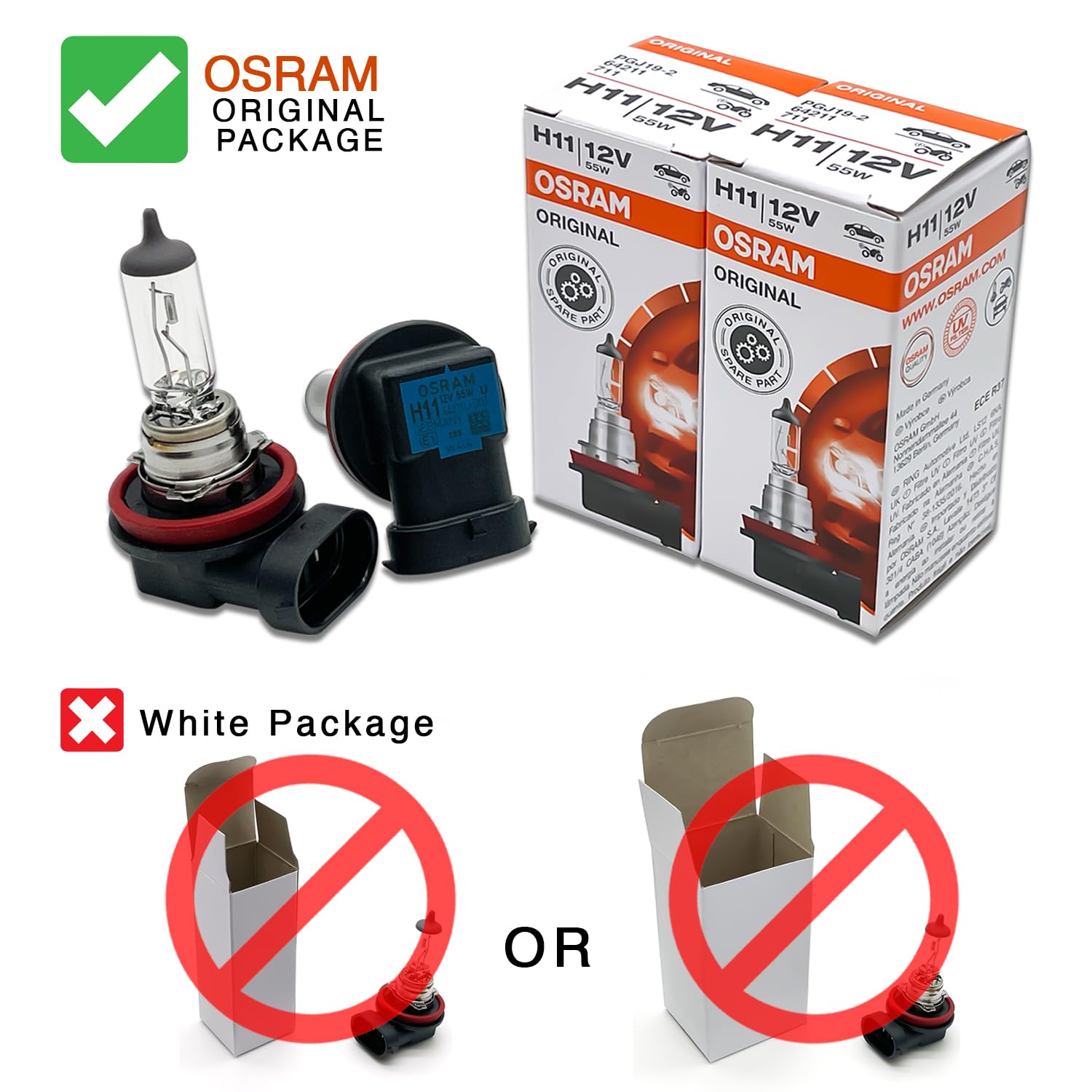 OSRAM H11 64211L+ pair in packaging ready for quick installation.