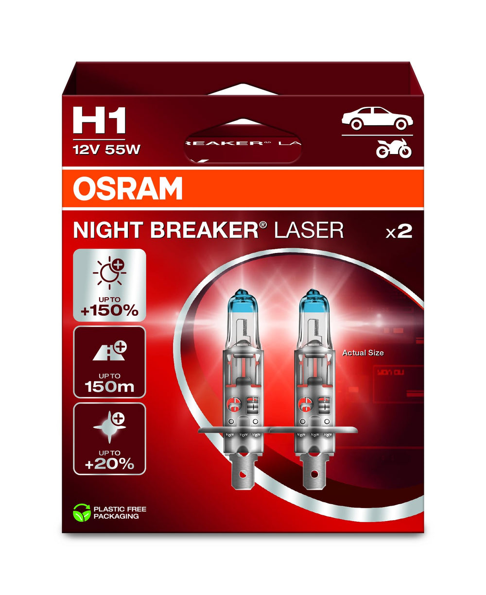 OSRAM Night Breaker Laser H1 front view showing crisp white light for night driving