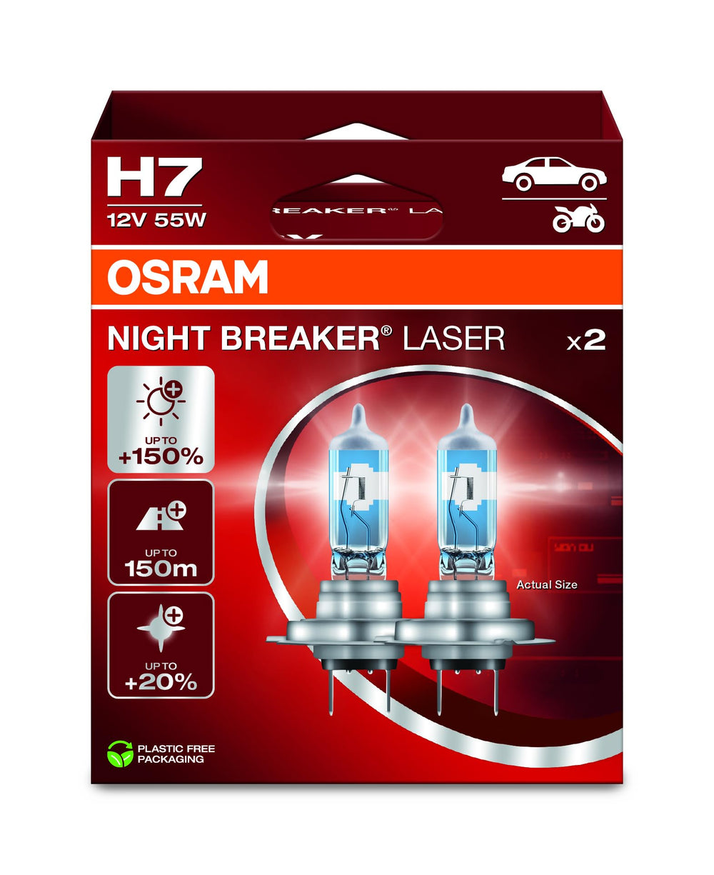 OSRAM NIGHT BREAKER LASER H7 packaging highlights premium, eco-friendly materials.
