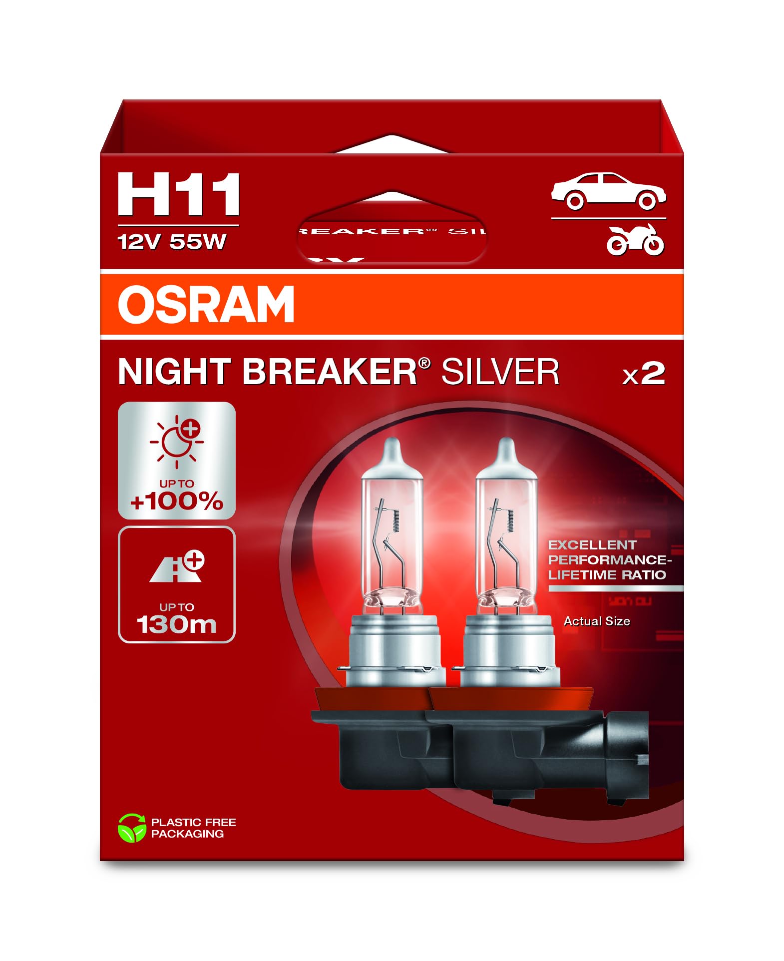 OSRAM Night Breaker Silver H11 long-range 130m beam improves obstacle detection.