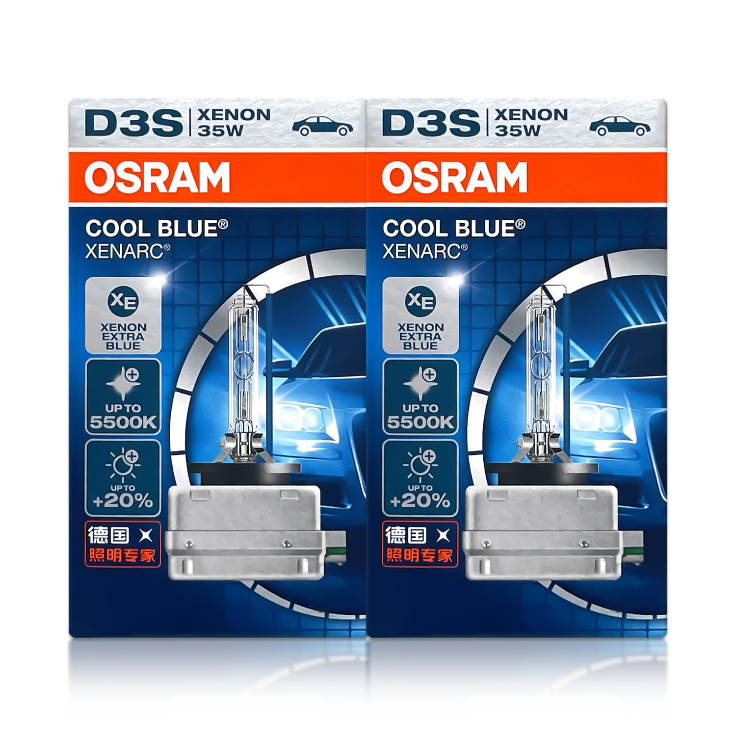 OSRAM Xenarc D3S Cool Blue front-view bulb emitting 5500K light for strong night visibility.