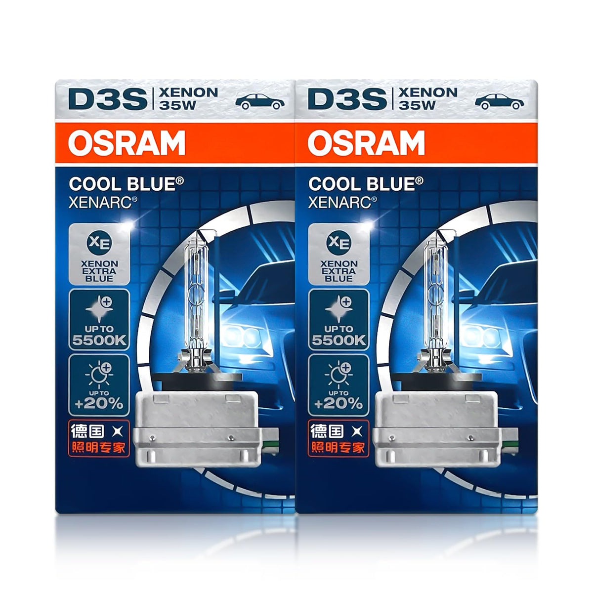OSRAM Xenarc D3S Cool Blue front-view bulb emitting 5500K light for strong night visibility.