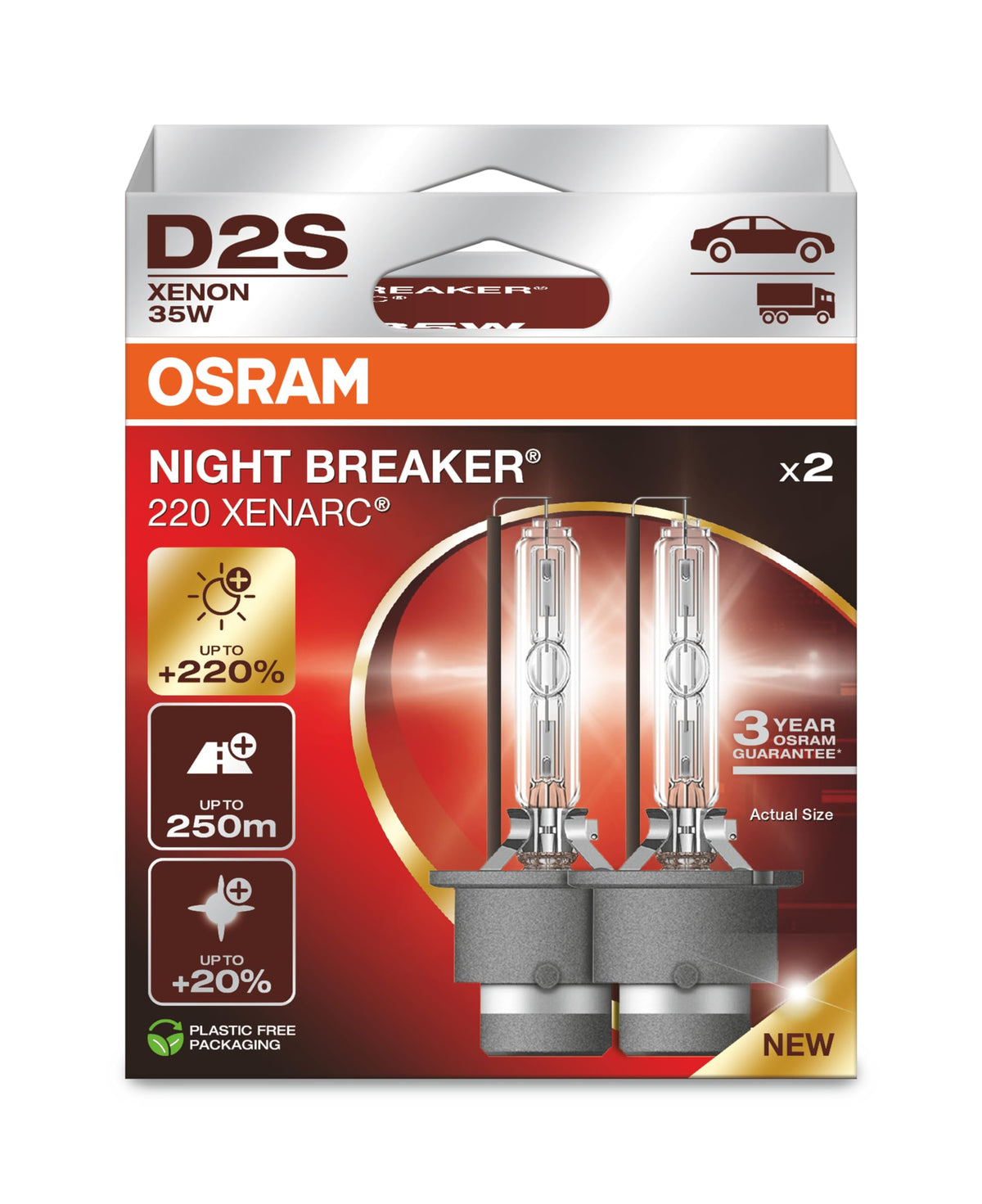 OSRAM Xenarc Night Breaker 220 D2S front view with bright xenon lamp