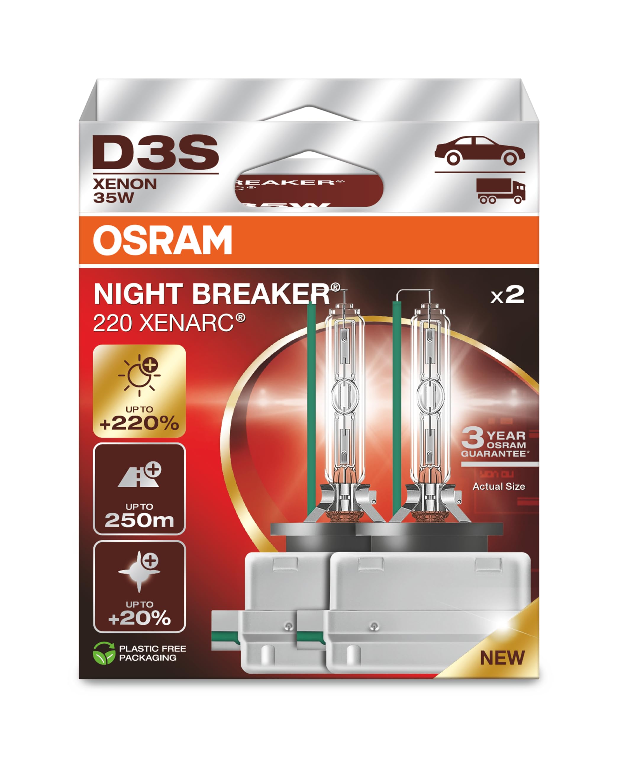OSRAM Xenarc Night Breaker 220 packaging highlights high-brightness xenon bulbs.