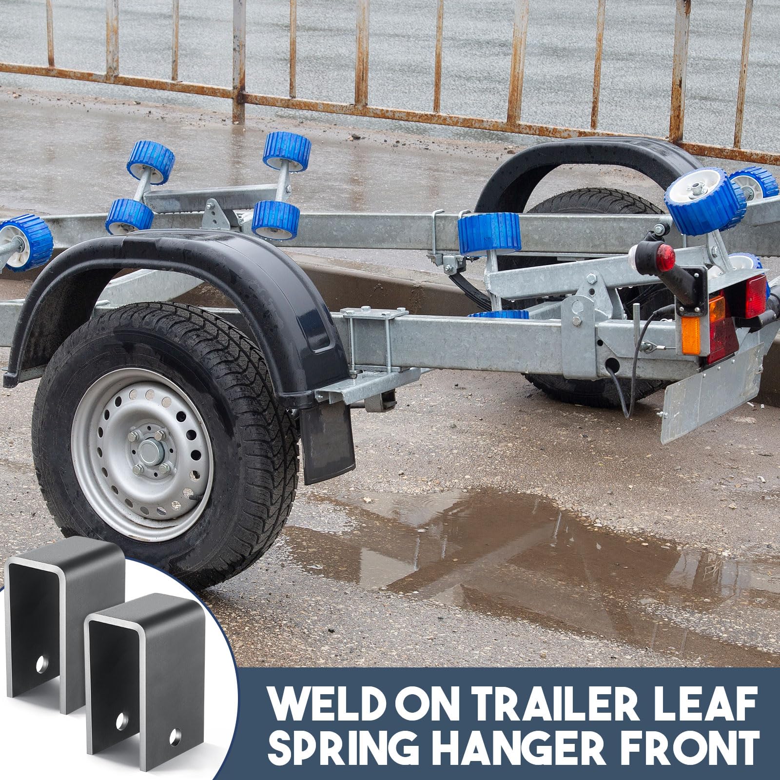 Otoolling trailer leaf spring hanger with 9/16 inch bolt hole ready for secure mounting.