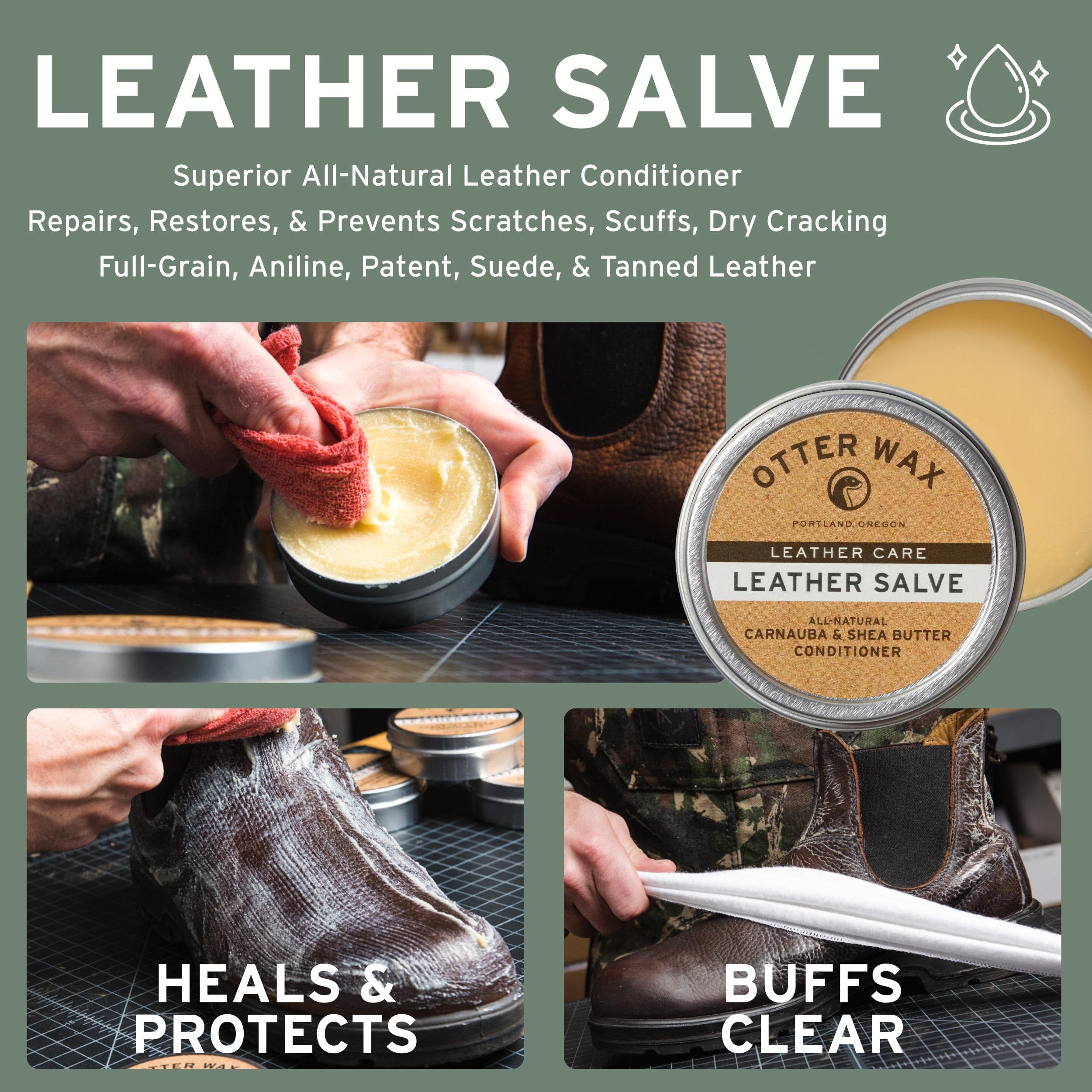 Applying Otter Wax Leather Salve with a soft cloth on leather for nourishment