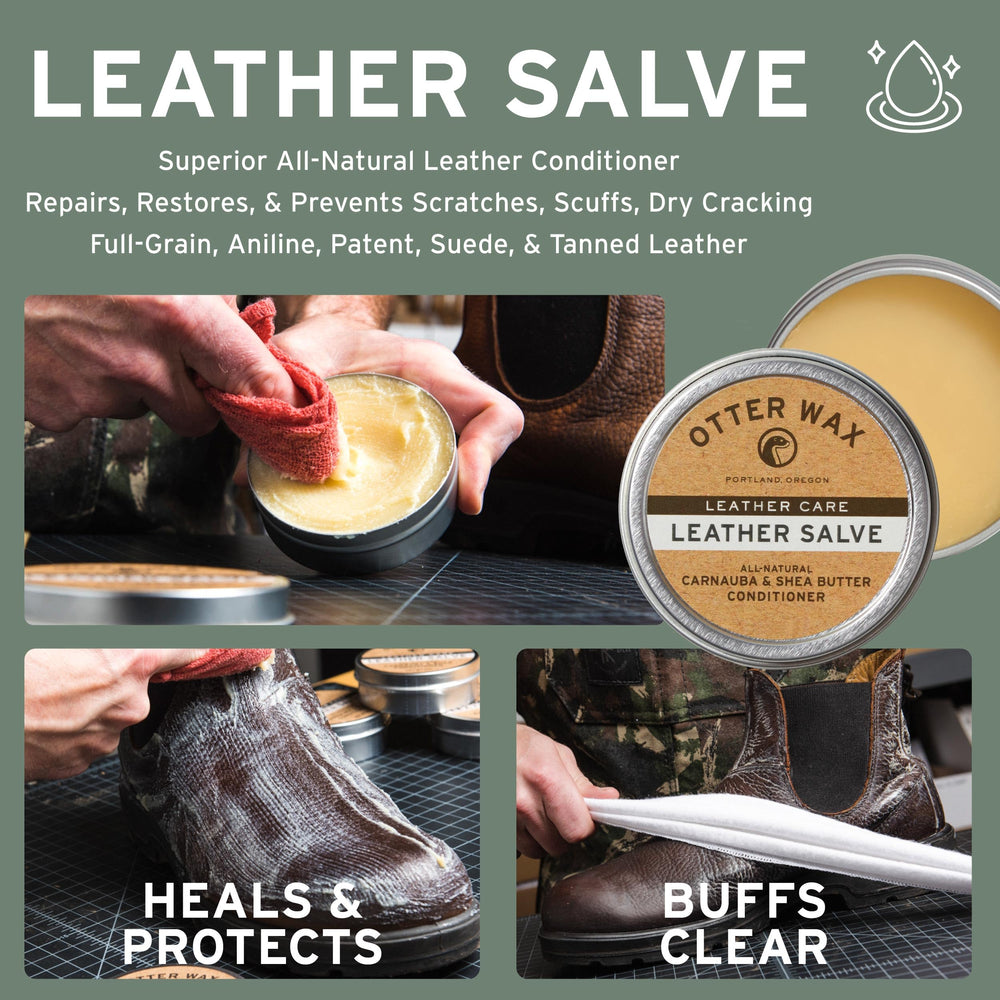 Applying Otter Wax Leather Salve with a soft cloth on leather for nourishment