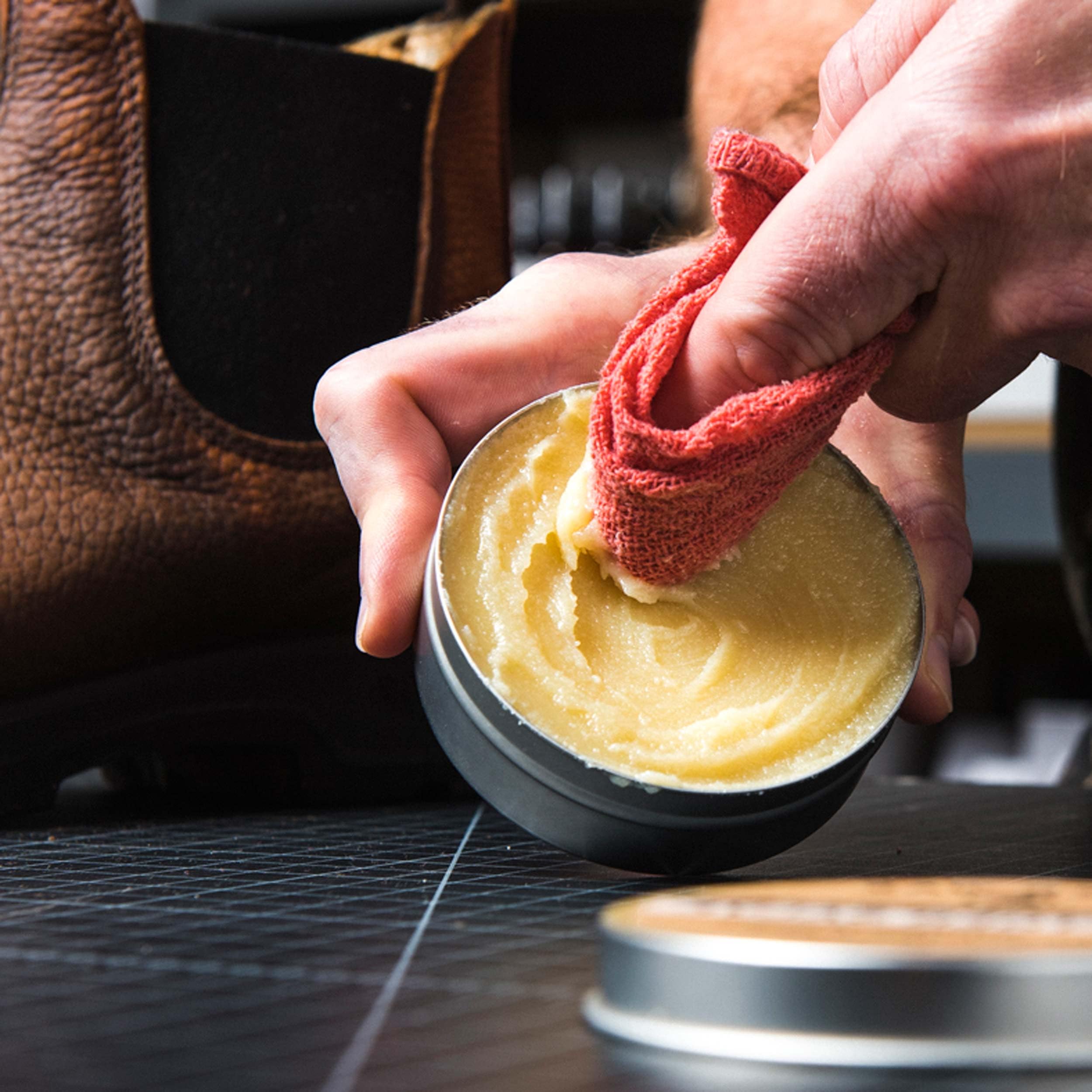 Otter Wax Leather Salve after application developing a natural shine on leather