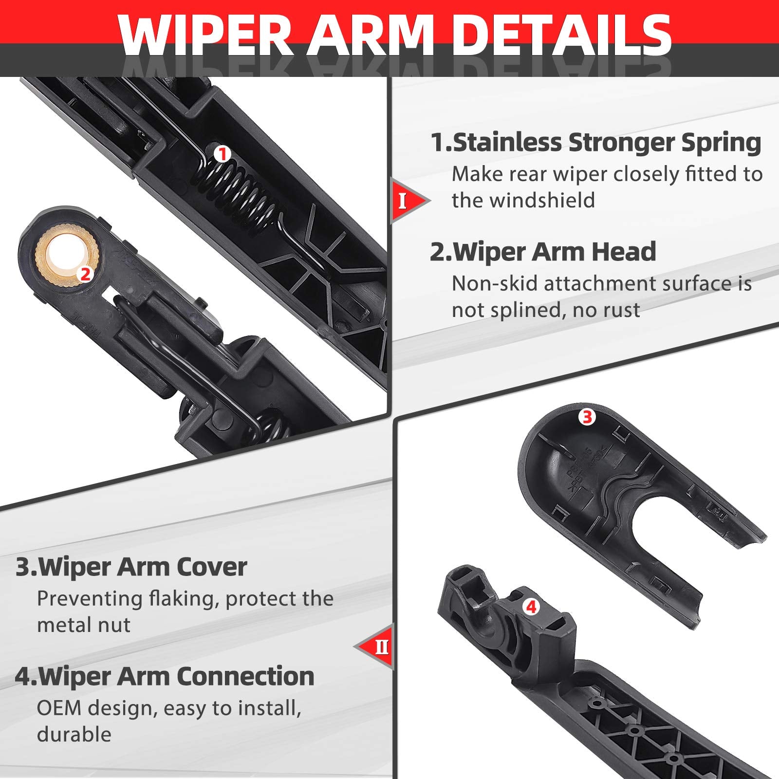 OTUAYAUTO rear wiper blade close-up with natural rubber edge for quiet wipes.