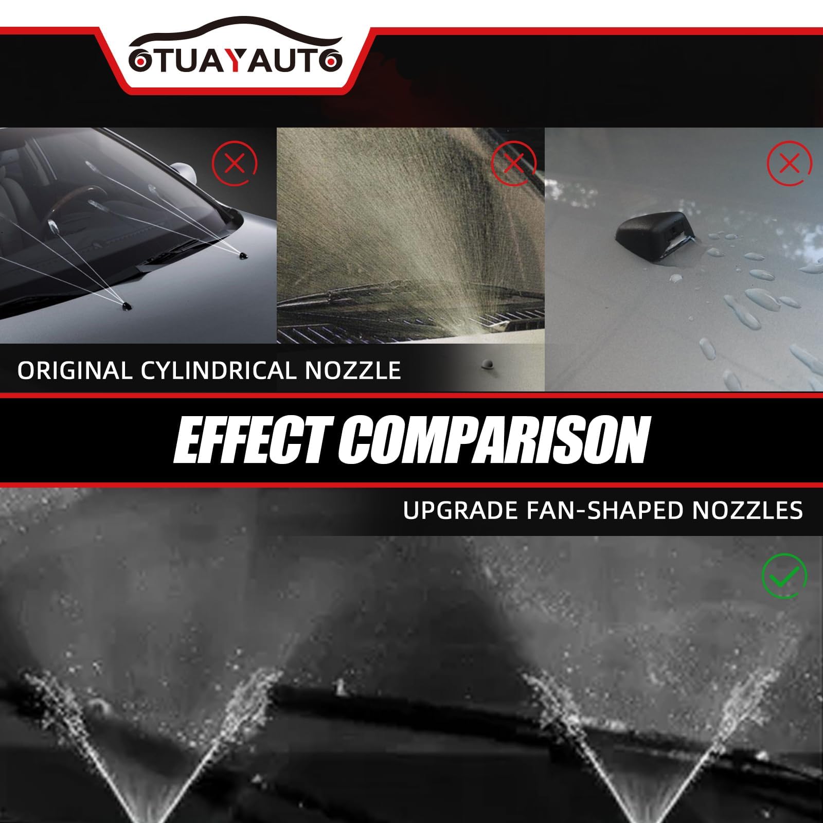 OTUAYAUTO nozzles installed on Jeep hood show clean spray path.