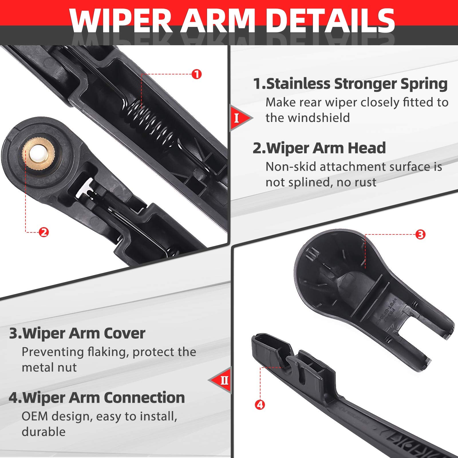 OTUAYAUTO rear wiper arm mechanism close-up showing durable stainless design.