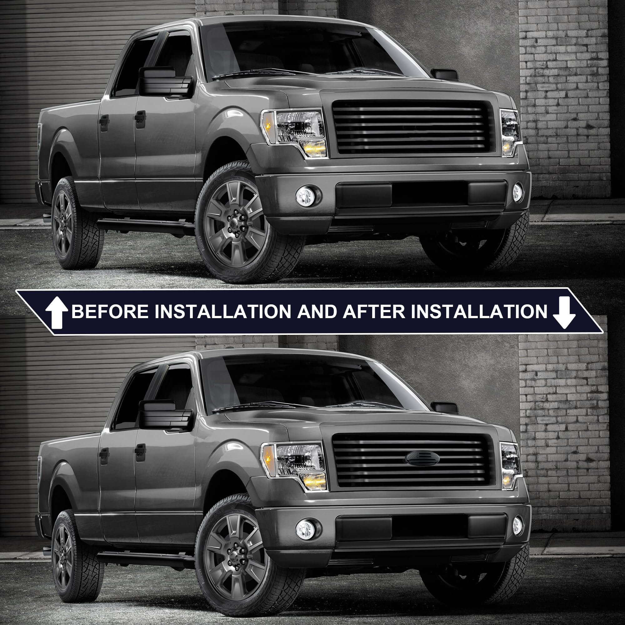 OUESAAS emblem with sleek black finish elevates Ford front grille with modern contrast