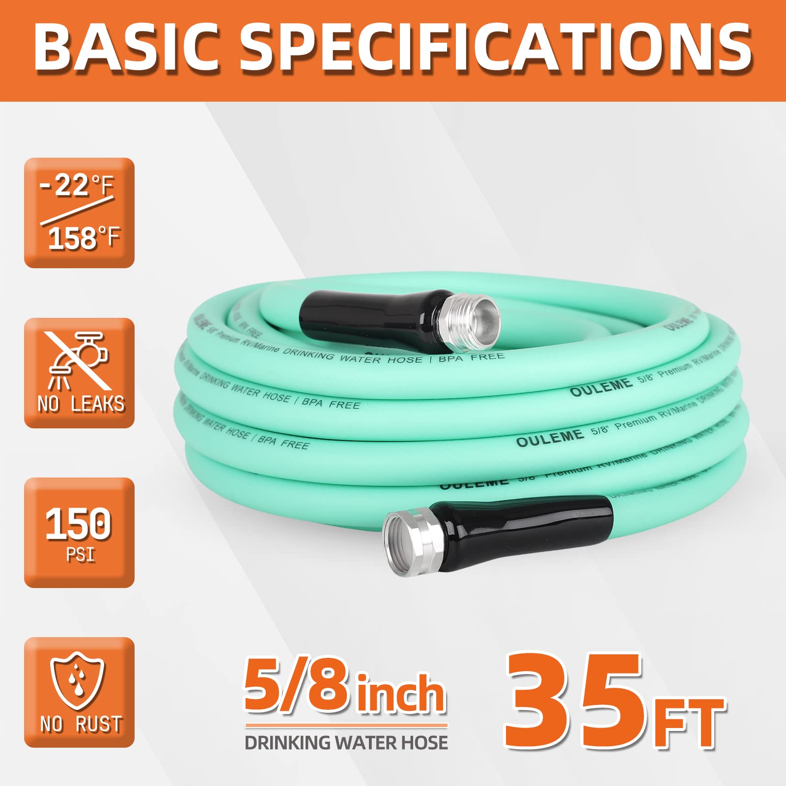 OULEME 35ft water hose with aluminum fittings provides leak-free connections.