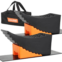 OULEME curved leveling blocks with 6-inch lift for stable tandem-axle RV setups.