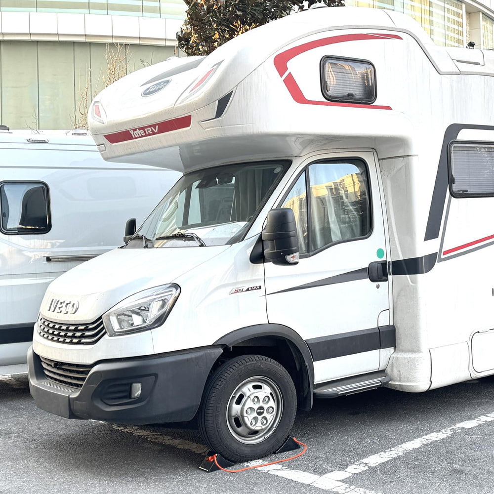 In-use action showing chocks securing a parked trailer