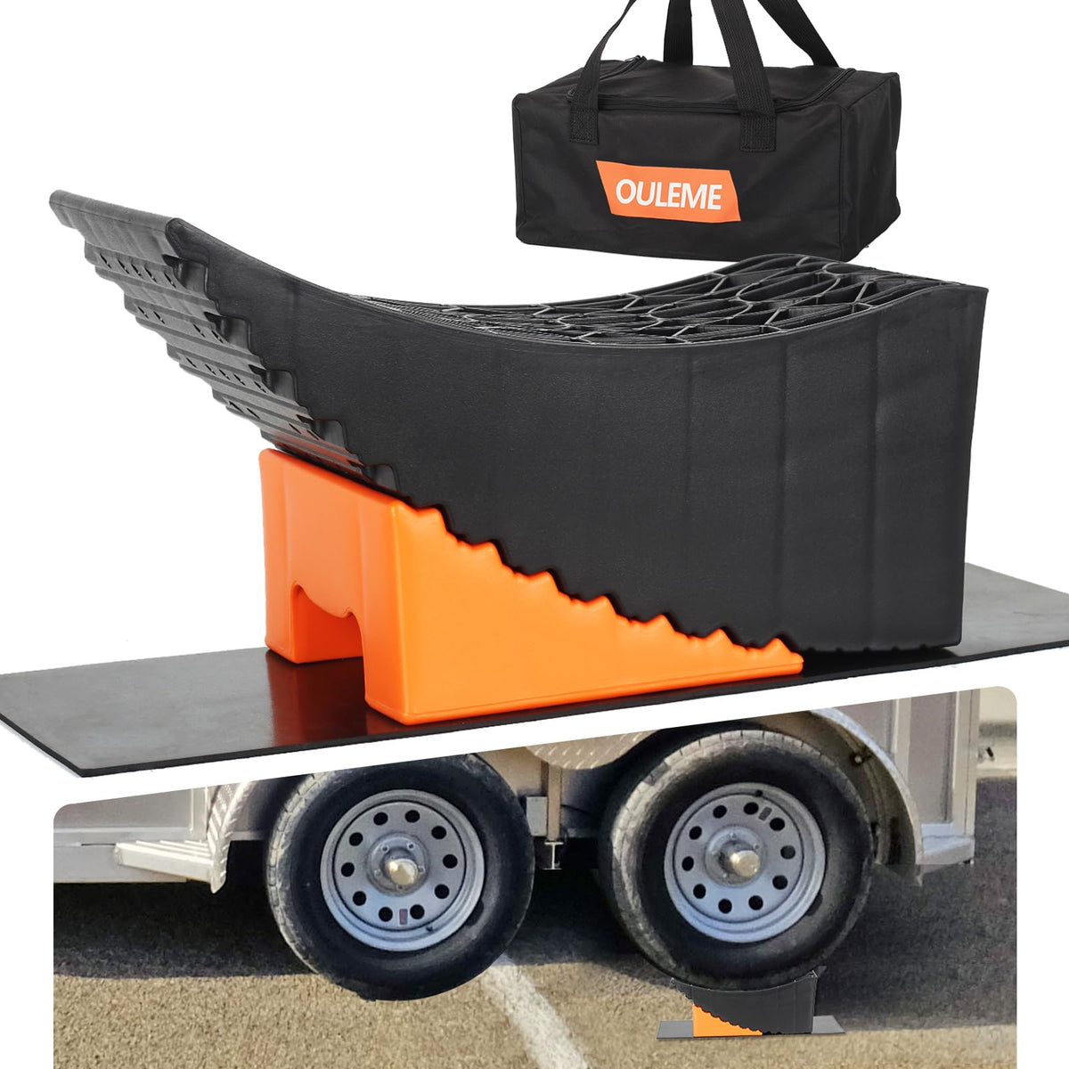 OULEME raised tire change ramp beside tandem trailer wheels for easy maintenance