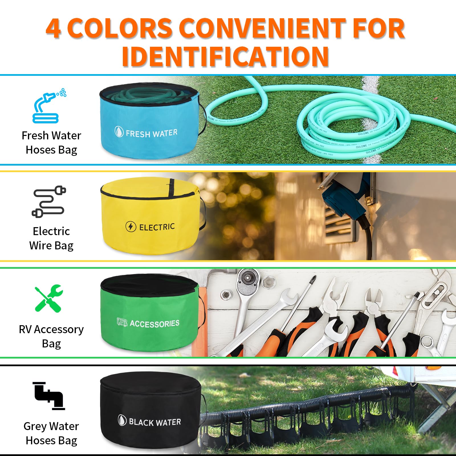 OULEME RV storage bags – four-color pack keeps hoses and cords organized.