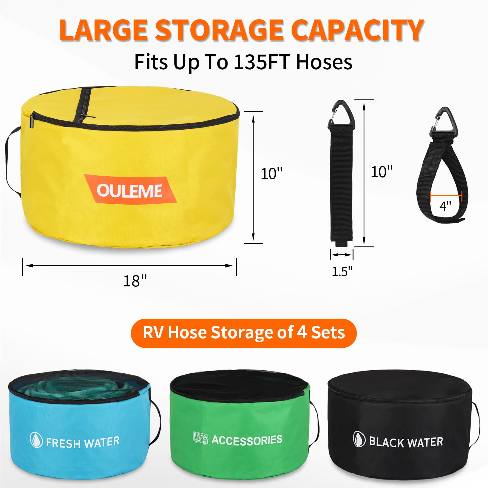 OULEME RV hose storage bag – mesh upper with drawstrings for quick access.