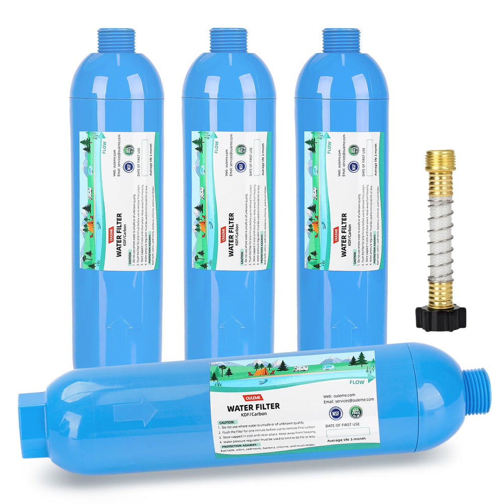 OULEME RV inline water filter packaging shows easy setup for clean water