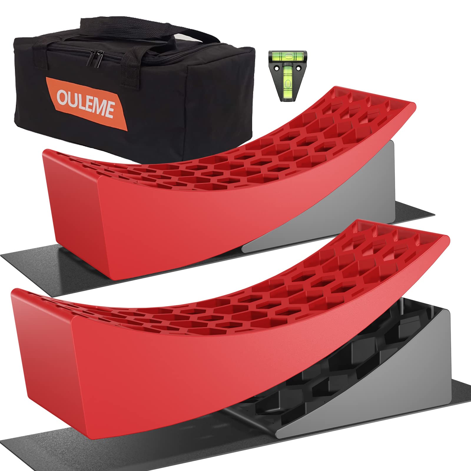 OULEME RV leveling blocks 2-pack front view highlights gear mesh design.