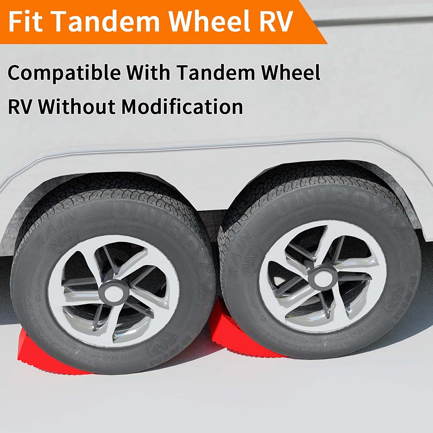 OULEME RV leveling blocks chocks securing wheels for stability.
