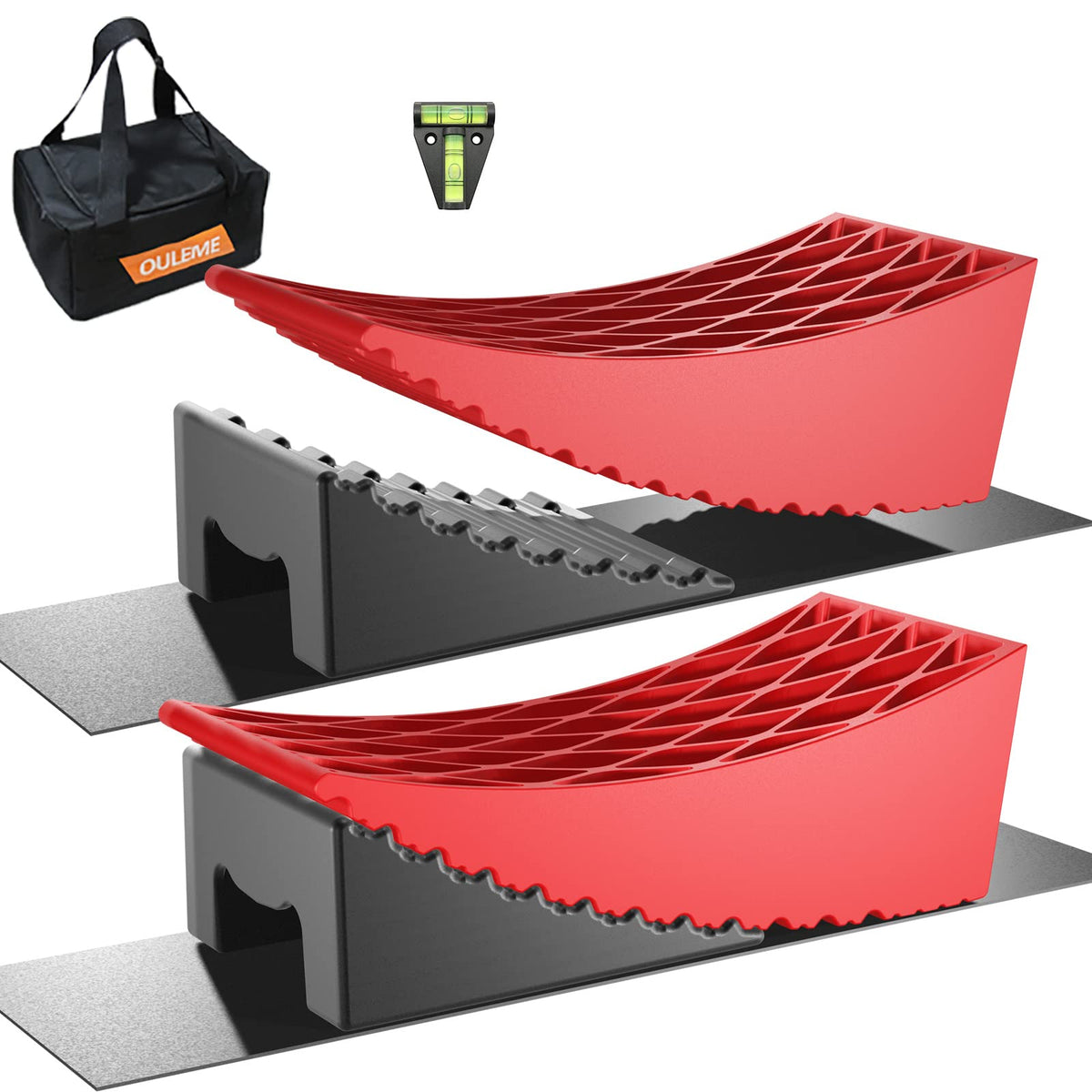 OULEME RV leveling blocks kit front view showing compact tandem-axle fit.