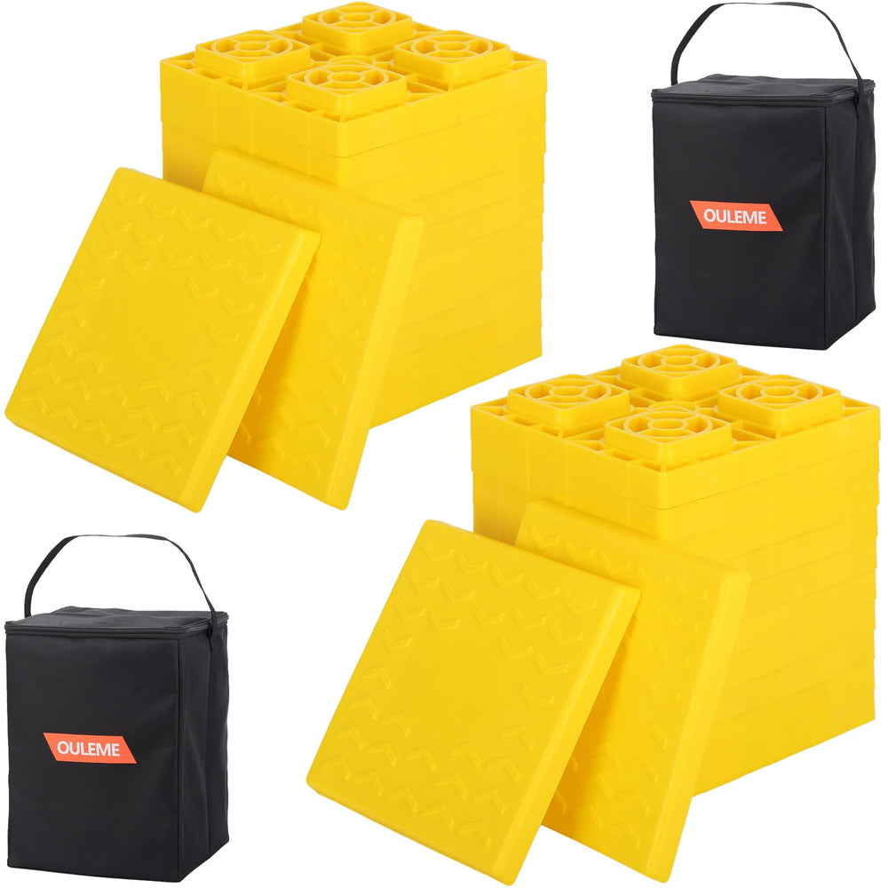 OULEME RV leveling blocks stacked for a stable base on uneven ground.