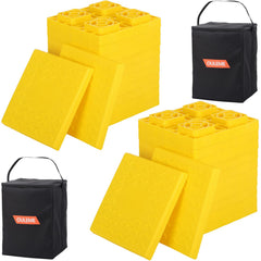 OULEME RV leveling blocks stacked for a stable base on uneven ground.