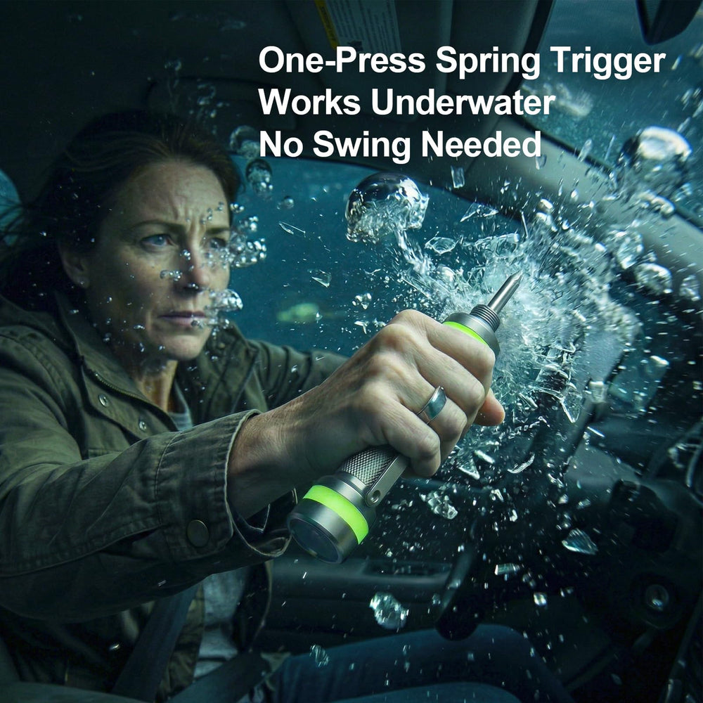 Oulores upgraded tungsten tip enables rapid strike on tempered glass for swift escape.