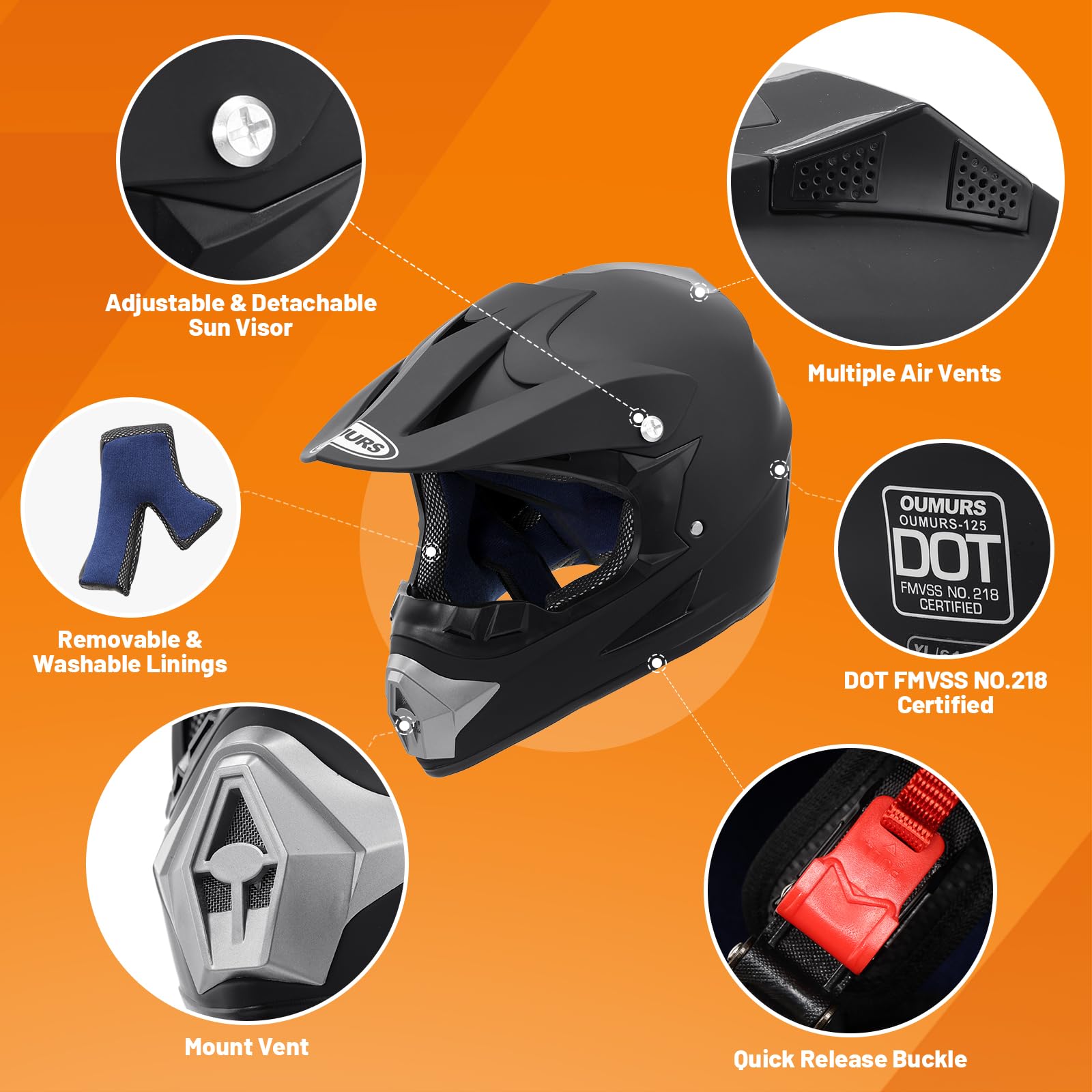 OUMURS 125A Matte Black helmet, side view showing profile and venting