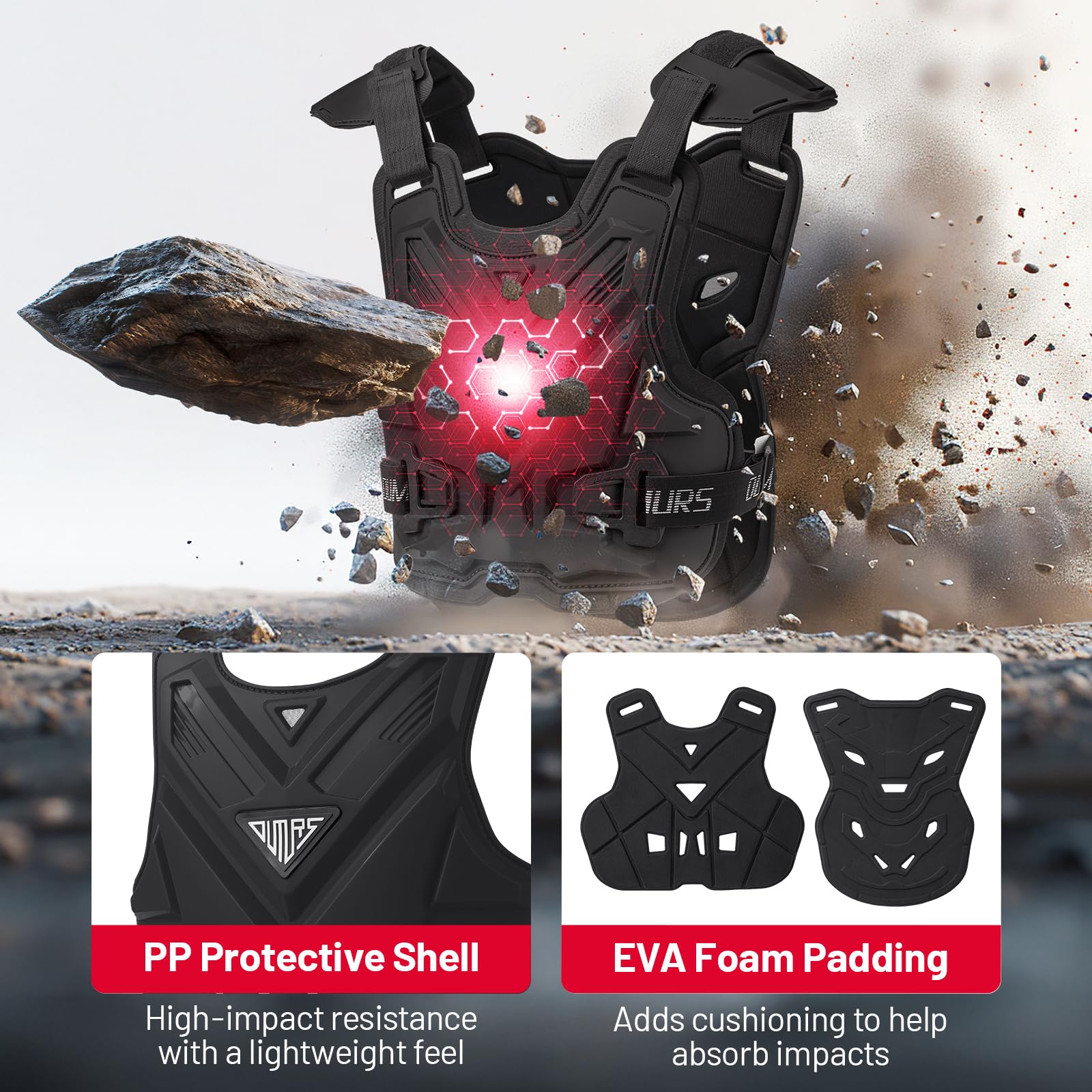 Oumurs chest protector breathable inner surface highlights airflow during hot rides.