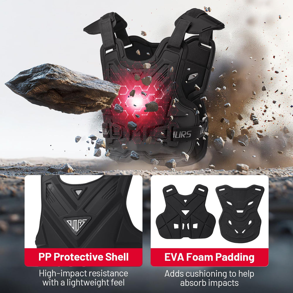 Oumurs chest protector breathable inner surface highlights airflow during hot rides.