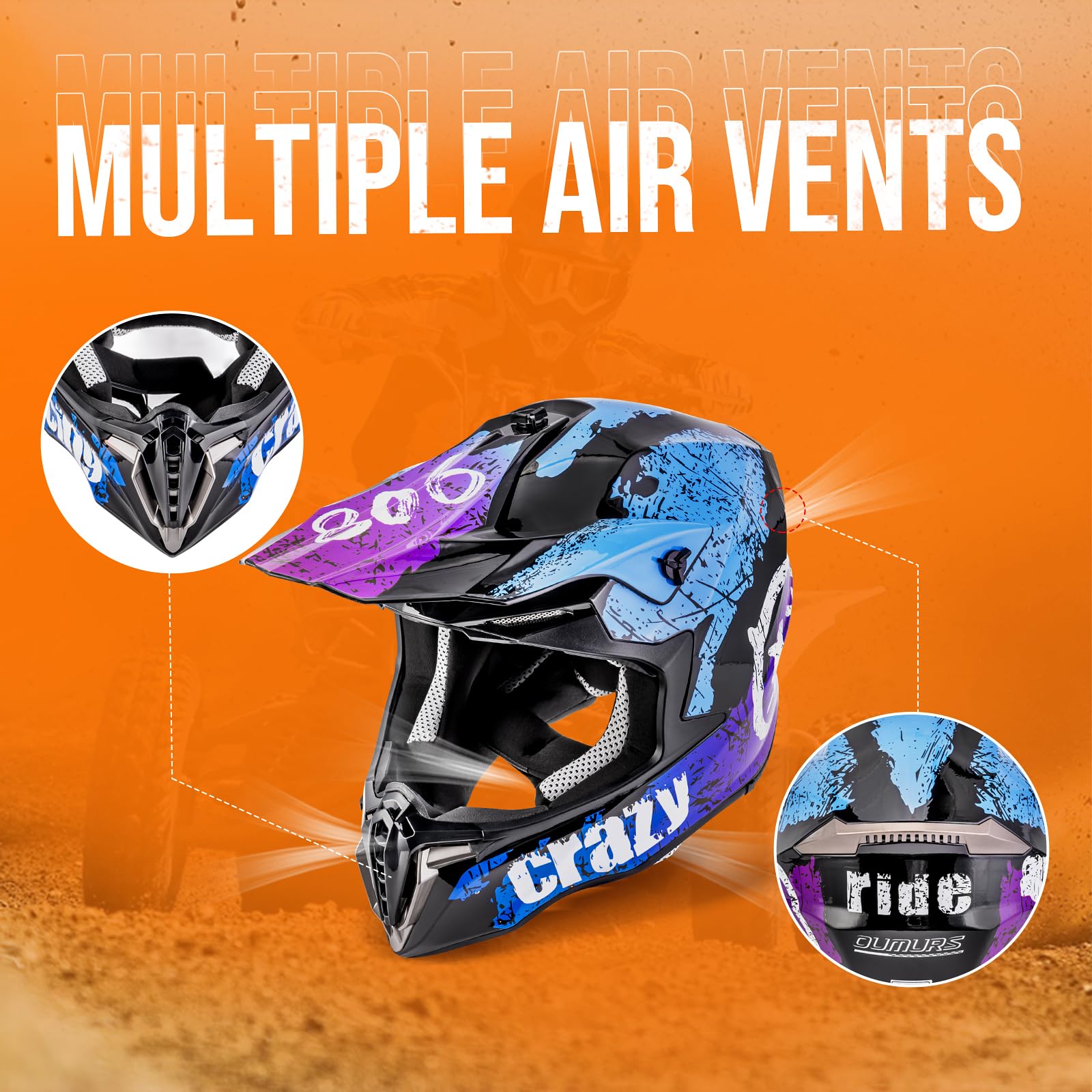 OUMURS dirt bike helmet adjustable visor blocks sun and glare