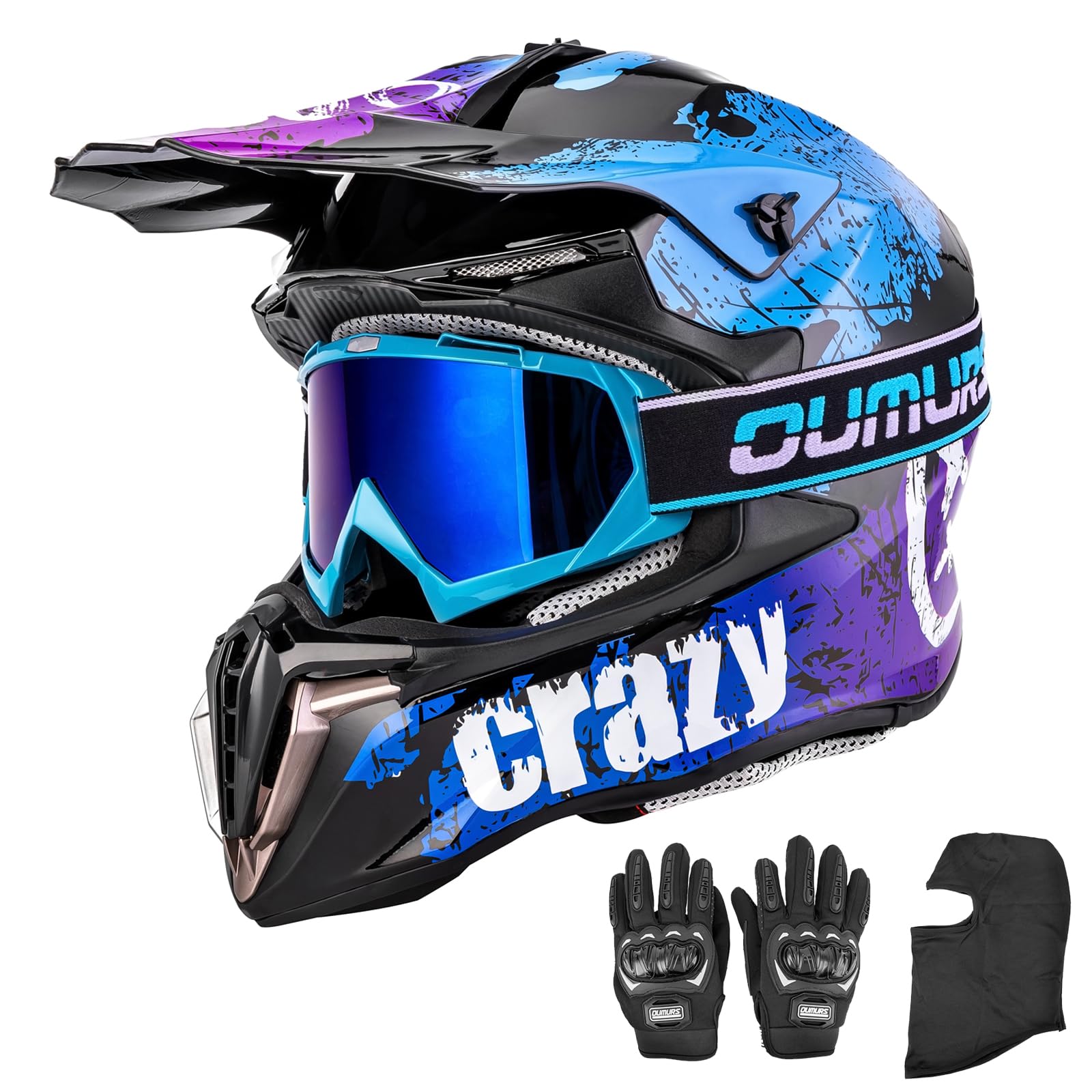 OUMURS dirt bike helmet with blue goggles for clear sun vision