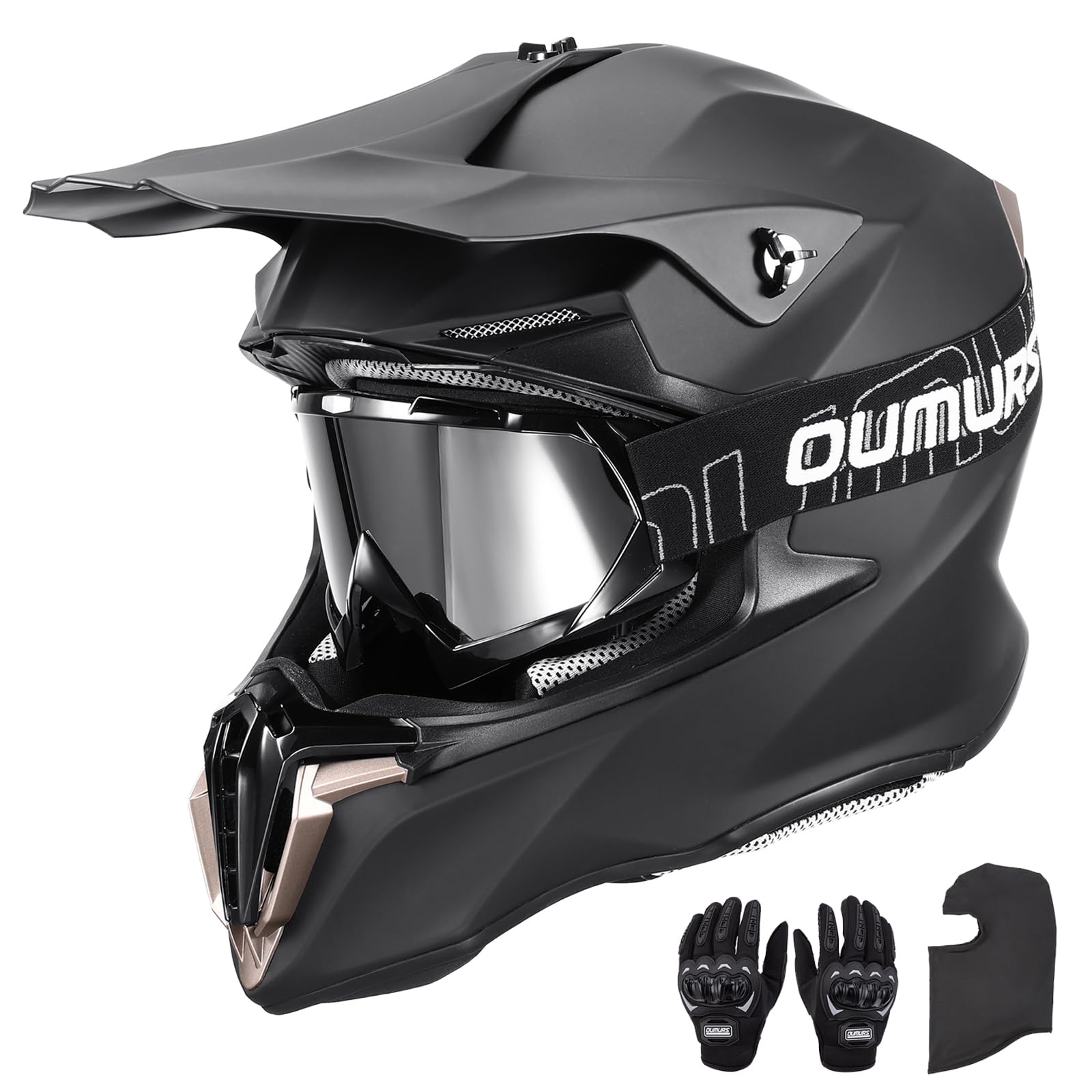 OUMURS dirt bike helmet front view with matte black finish and sturdy shell