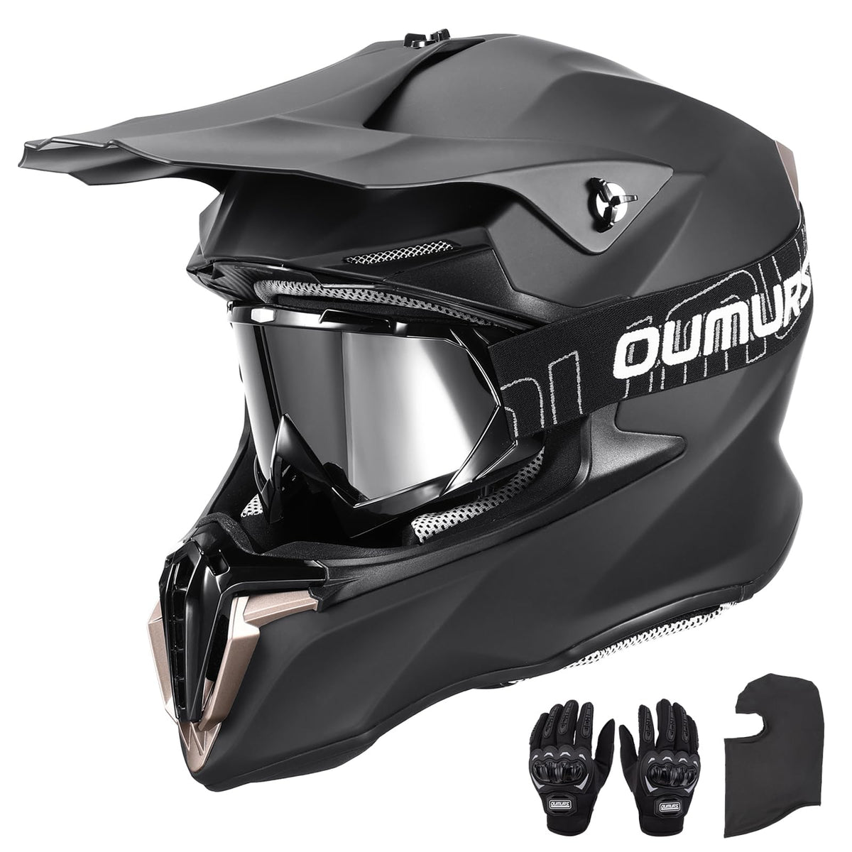 OUMURS dirt bike helmet front view with matte black finish and sturdy shell