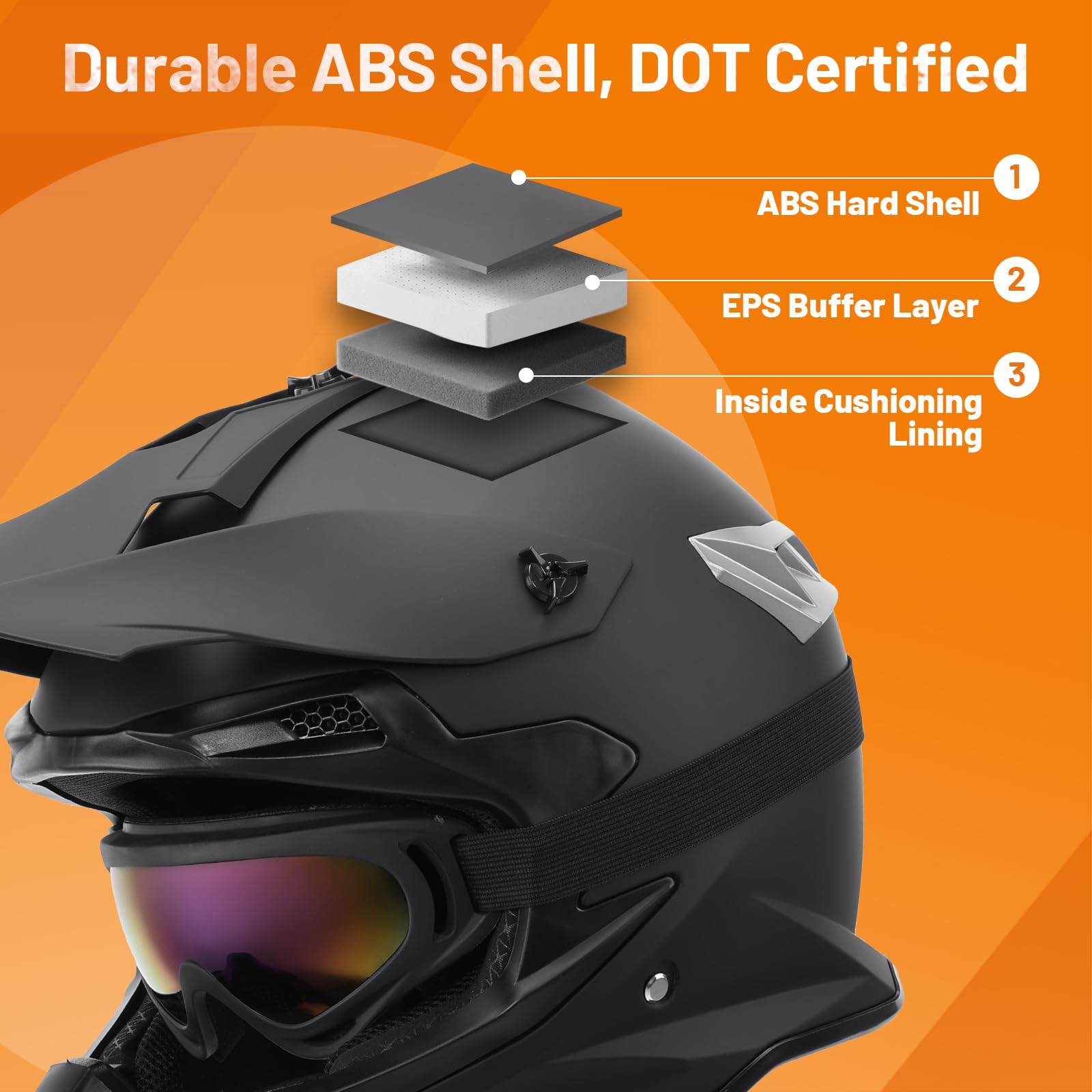 OUMURS dirt bike helmet with goggles showcases clear windproof vision.
