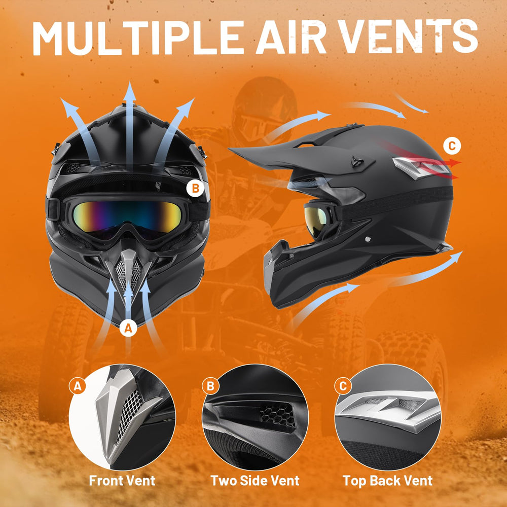OUMURS dirt bike helmet with mask demonstrates wind and dust shielding.