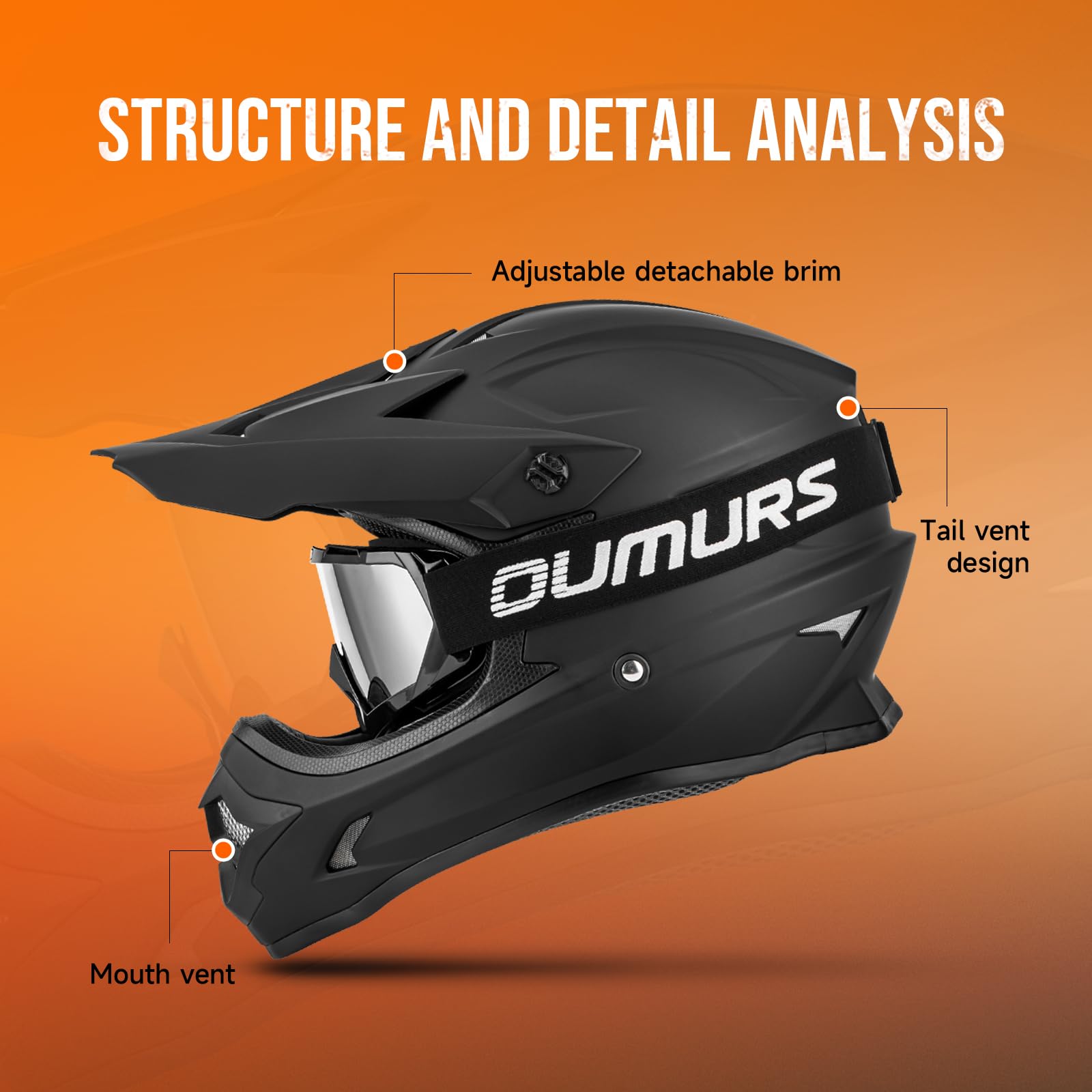 OUMURS matte black dirt bike helmet with rugged off-road style.