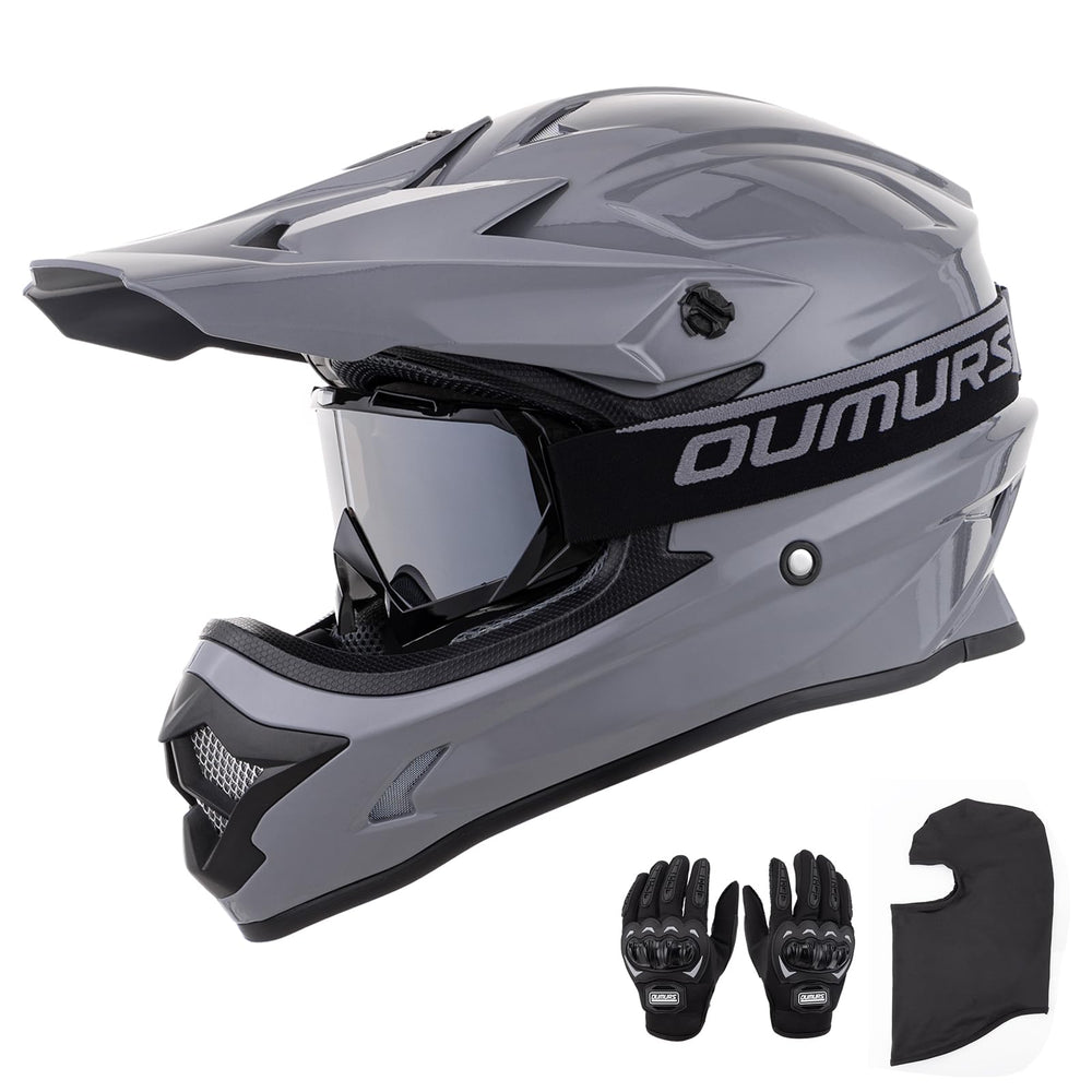 OUMURS dirt bike helmet with goggles provides wind protection and clear visibility on rugged trails.