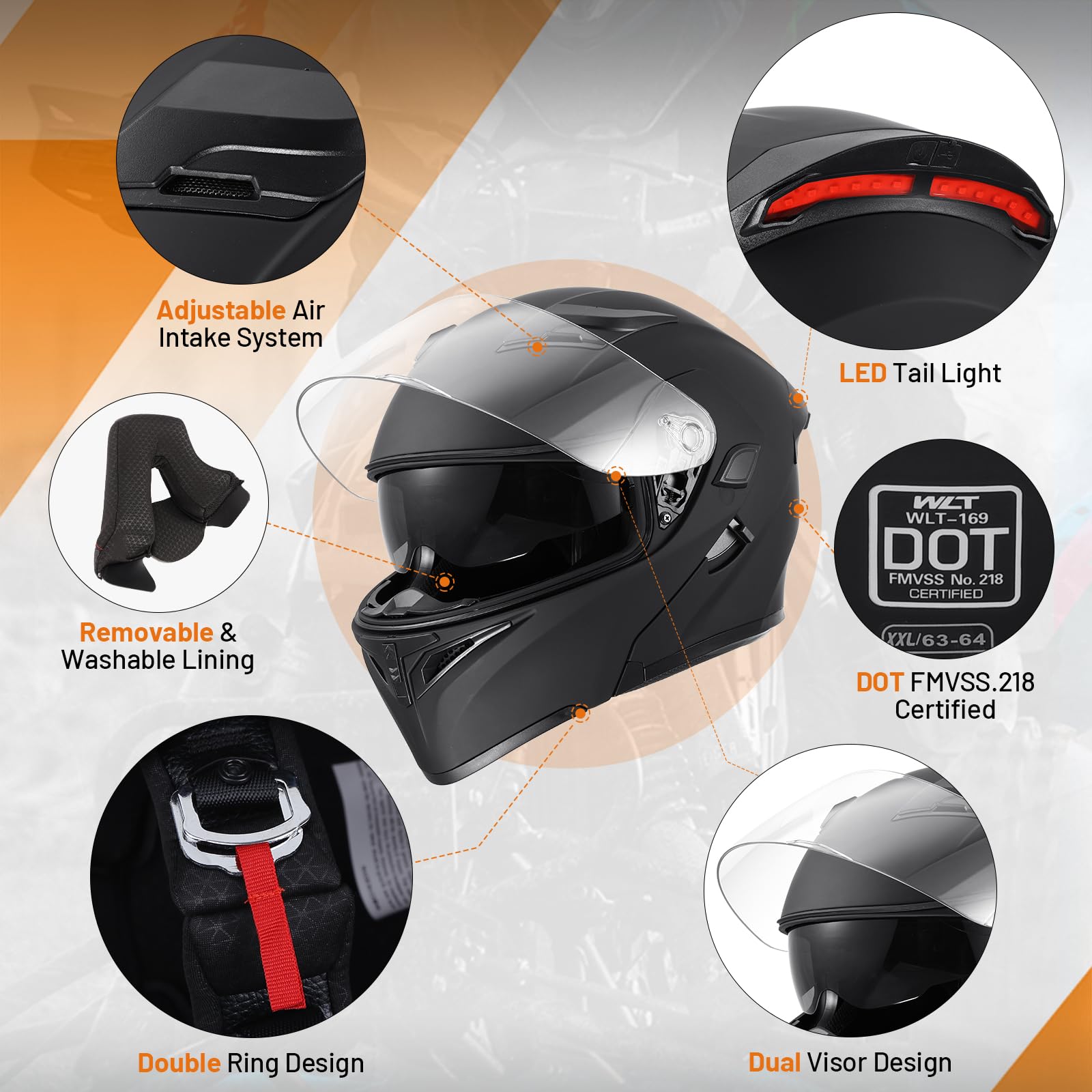 OUMURS DOT helmet double D-ring strap ensuring secure fastening.
