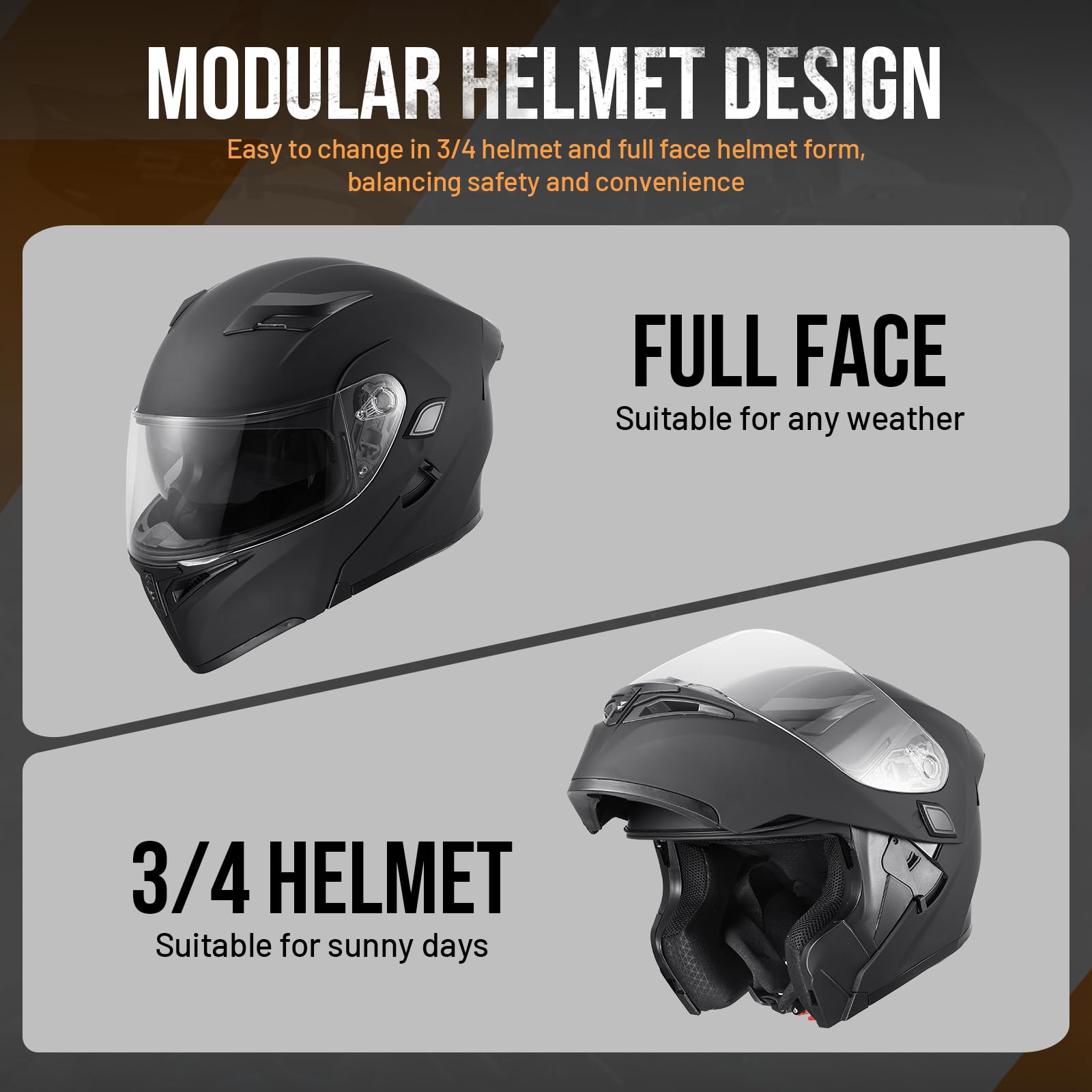 OUMURS DOT helmet with double visors and inner sun shield for glare control.