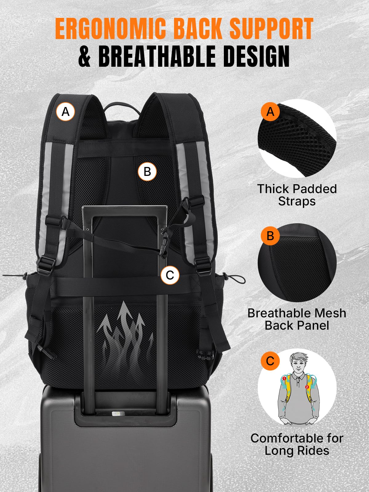 Oumurs ergonomic back system with breathable mesh enhances airflow on long rides.