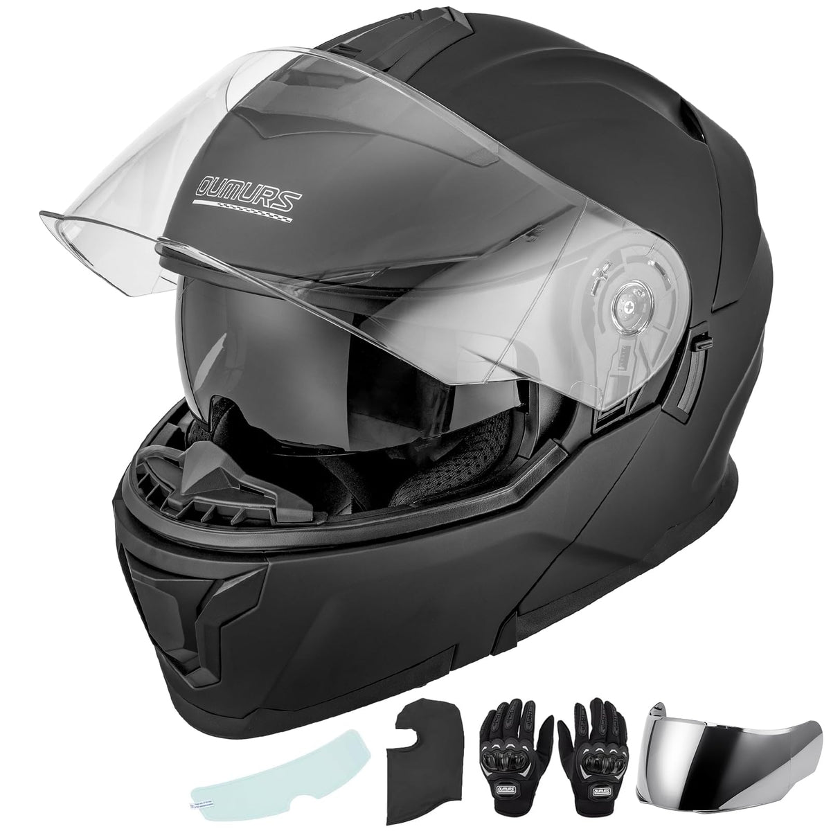 OUMURS modular helmet full-face front view showing secure fit for street riding