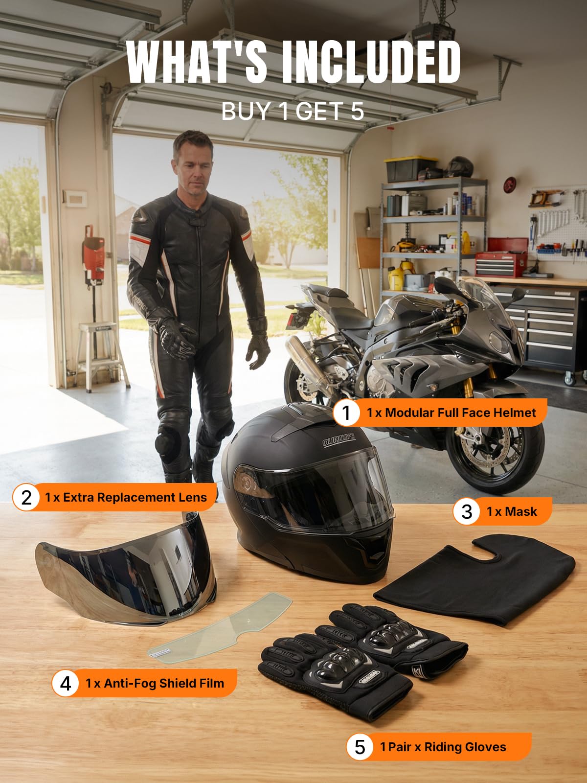 Packaging contents include helmet, gloves, mask, visors, and anti-fog film
