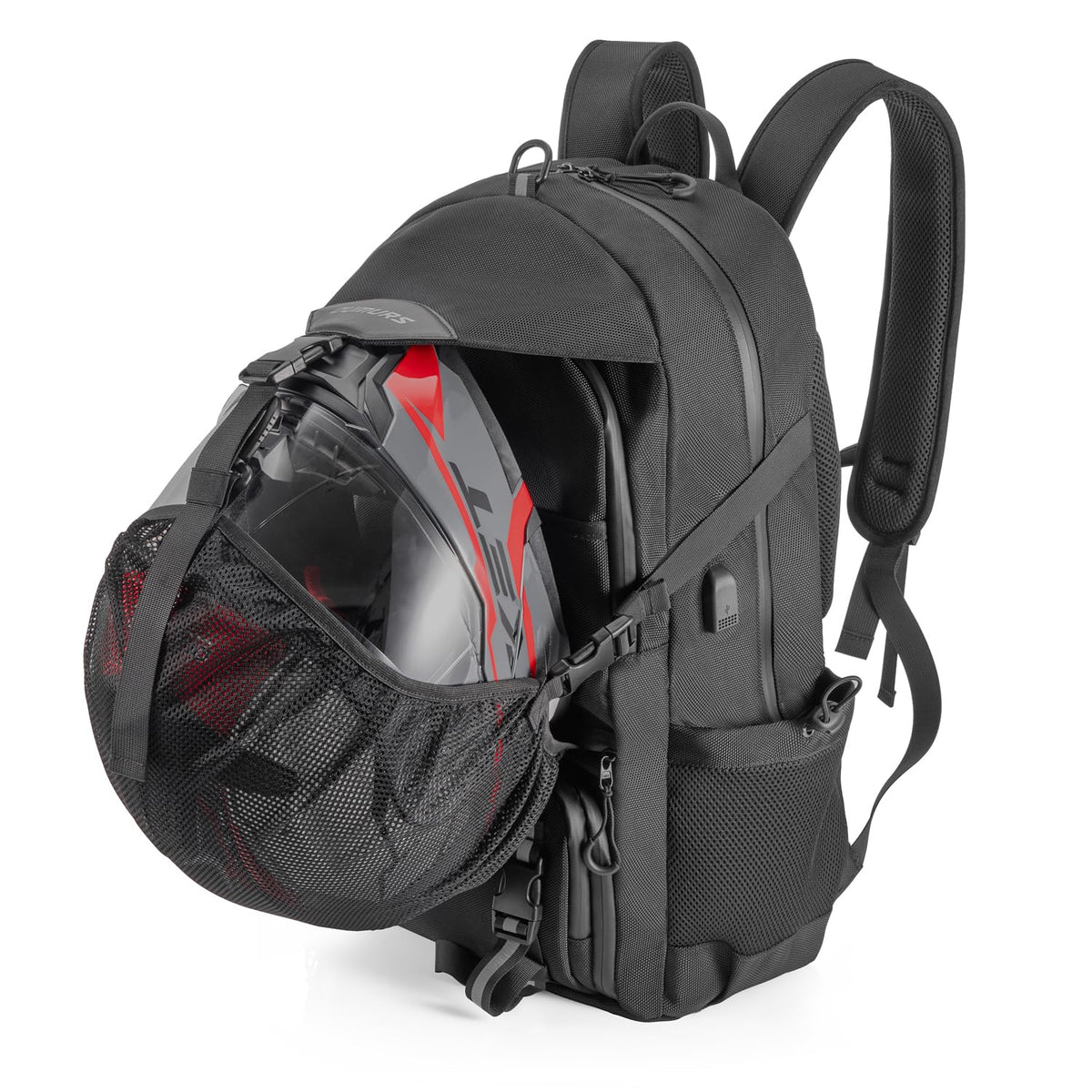 OUMURS 50L backpack front view shows space for gear and laptop