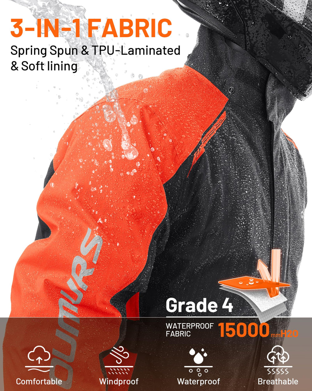 Oumurs rain suit pants with waterproof seat panel keeps you dry when seated.