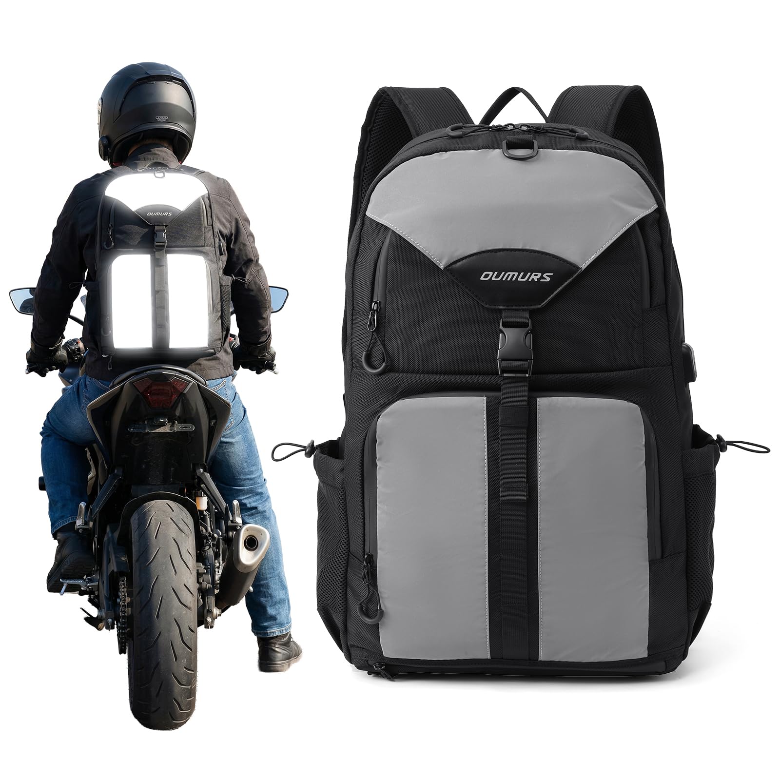 Oumurs Reflective Backpack with helmet net deployed for secure helmet carry after rides.