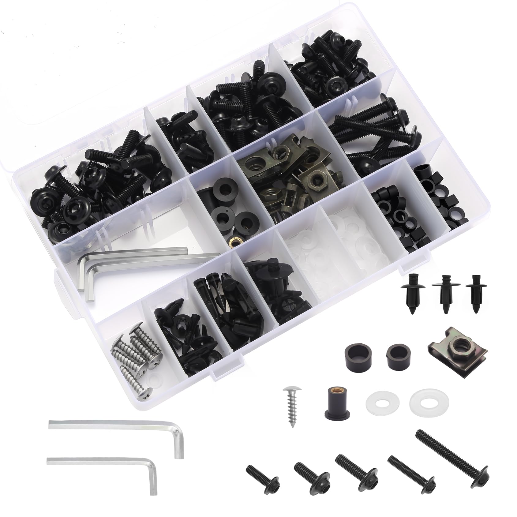 Ouronoto 195pcs fairing bolt kit packaging for easy identification and quick setup